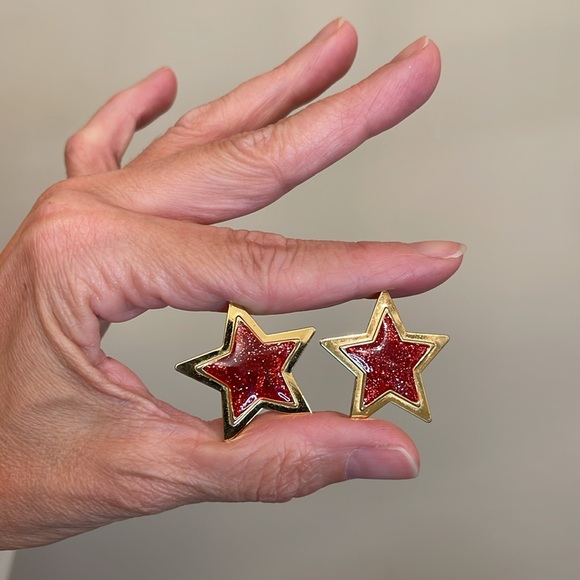 Vintage 1980’s Style Gold-tone Stars with Red Glitter - Picture 11 of 15